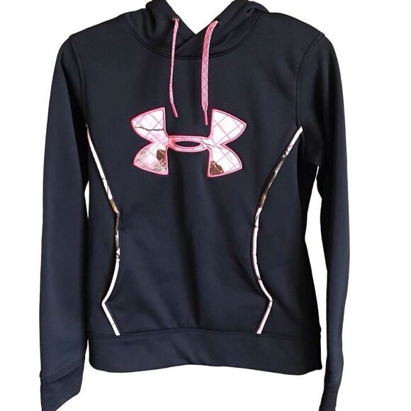 Under Armour women’s SZ Small semi fitted black pink Realtree hoodie pocket - Picture 1 of 5